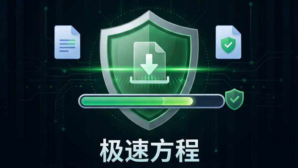 一张展示“极速方程”安全防护功能的图片,主体为盾牌图标与下载文件扫描进度条结合,布局采用居中突出式构图,风格为安全科技感风格,细节包含绿色盾牌、扫描光线、文件图标、安全标识,画质高清、干净、无多余元素,画面中盾牌下方显示文字“极速方程”。