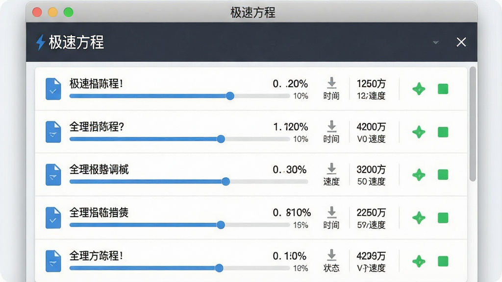 一张展示“极速方程”任务管理界面的图片,主体为软件窗口内的下载任务列表,布局采用垂直列表式排版,风格为简约商务风,细节包含每个任务的文件名、进度百分比、剩余时间、下载速度、状态图标,画质高清、干净、无多余元素,画面顶部标题栏显示文字“极速方程”。