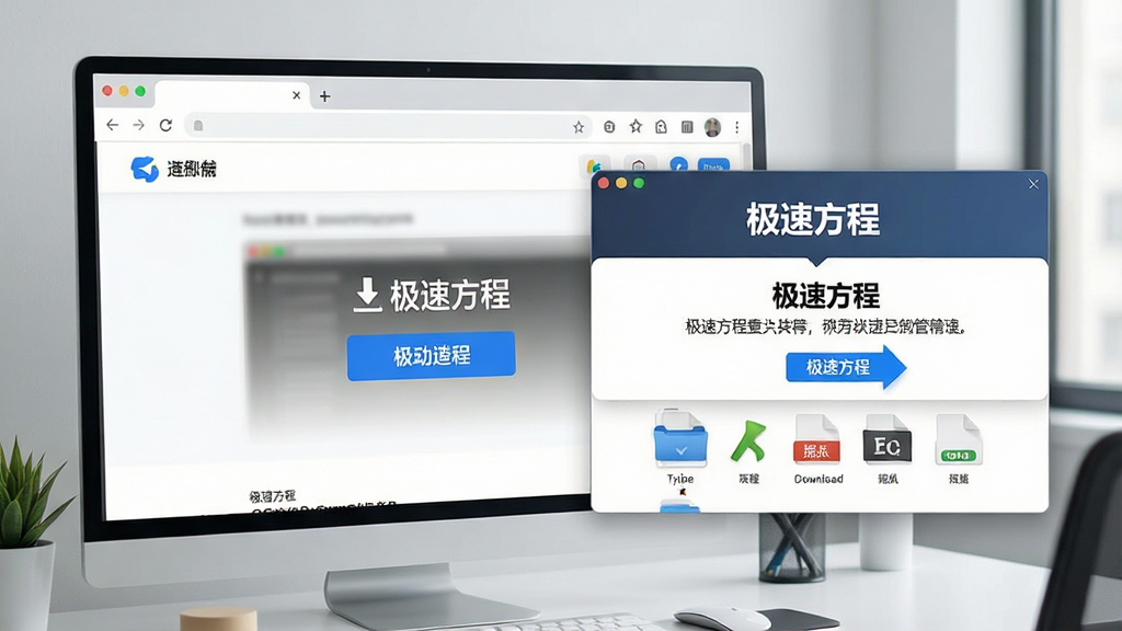 一张展示“极速方程”与浏览器集成的场景图,主体为浏览器窗口与极速方程悬浮窗并排显示,布局采用左右对比排版,风格为现代办公风格,细节包含浏览器页面中的下载按钮、极速方程接管提示框、文件类型图标,画质高清、干净、无多余元素,画面中悬浮窗内显示文字“极速方程”。