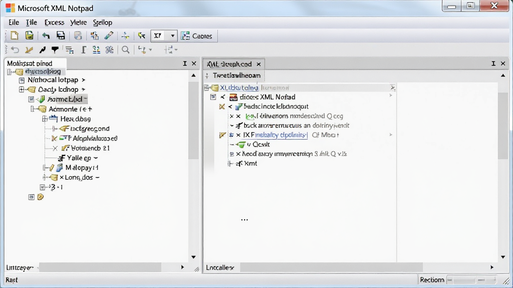 一张展示 Microsoft XML Notepad 软件界面的图片,主体是电脑屏幕,屏幕上打开着 Microsoft XML Notepad 软件,左侧显示树形结构的 XML 节点,右侧显示对应节点的文本编辑区,布局为居中的软件截图展示,排版简洁清晰,风格为现代科技感,细节包括浅色主题界面、菜单栏和工具栏图标,画质高清,画面干净,无多余元素