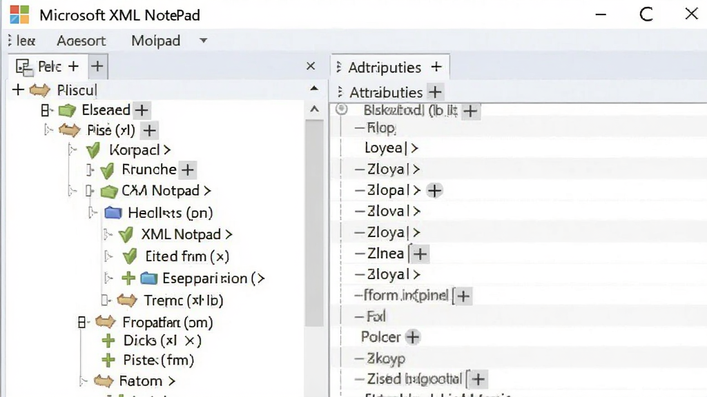 一张展示 Microsoft XML Notepad 树形视图功能的图片,主体是软件界面局部,布局为左侧树形节点面板和右侧属性面板,排版突出层级连线,风格为扁平化设计,细节包括不同颜色的节点图标和加号展开按钮,画质清晰,画面干净,无多余元素