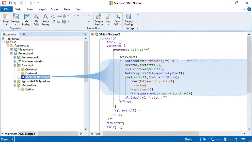一张展示 Microsoft XML Notepad 多视图同步编辑的图片,主体是软件界面分屏显示,布局为左边树形视图右边文本视图,排版中间有同步高亮连线,风格为现代办公软件风格,细节包括高亮选中的节点和对应的代码行,画质高清,画面干净,无多余元素