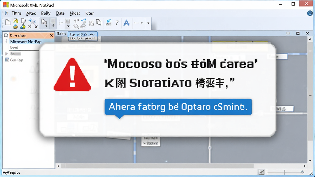 一张展示 Microsoft XML Notepad 新手操作提示的图片,主体是软件界面与提示文字叠加,布局为居中软件截图加浮动提示框,排版清晰,风格为教程指引风格,细节包括红色警示图标和蓝色技巧标签,画质高清,画面干净,无多余元素