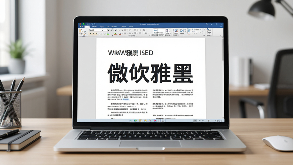 一张微软雅黑字体在电脑屏幕上清晰显示的AI生图,画面主体是一台打开的笔记本电脑,屏幕上显示着用微软雅黑排版的文档,字体边缘锐利,背景是整洁的办公桌面,布局居中,风格写实,细节丰富,画质干净,无多余元素