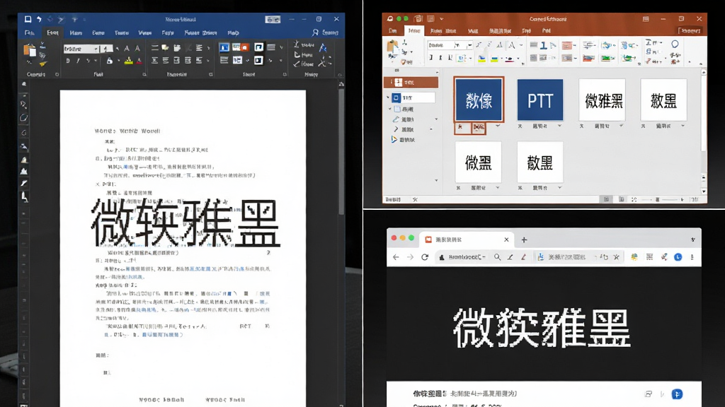 一张展示微软雅黑字体在多个软件中应用的AI生图,画面分为几个区域,分别显示Word文档、PPT幻灯片和网页浏览器界面,每个界面中都使用微软雅黑字体,布局整齐,风格商务简约,细节清晰,画质干净,无多余元素