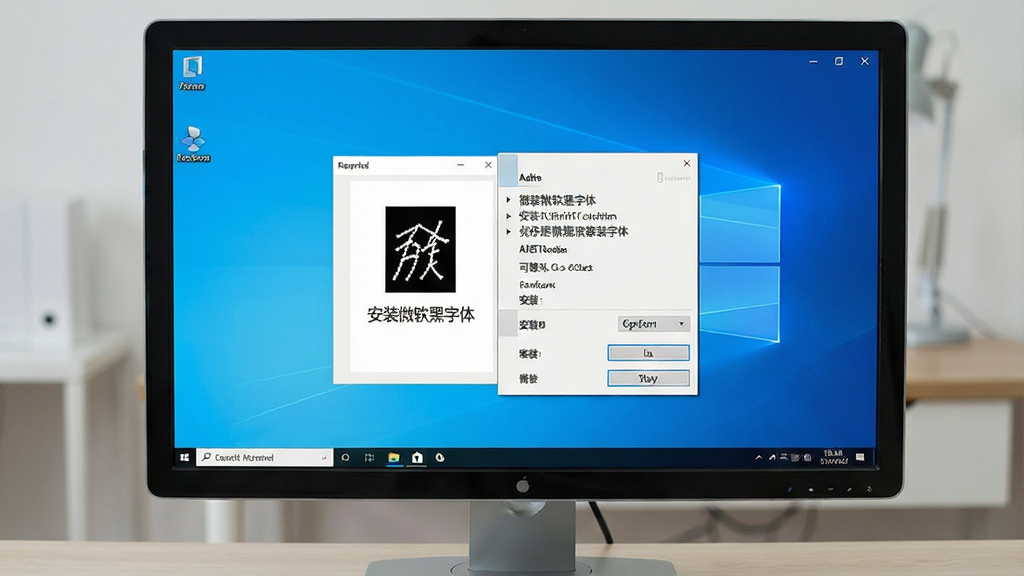 一张展示用户在Windows电脑上安装微软雅黑字体的操作示意图,画面主体是电脑屏幕,屏幕上显示字体文件右键菜单和安装选项,界面清晰,布局直观,风格写实,细节丰富,画质干净,无多余元素