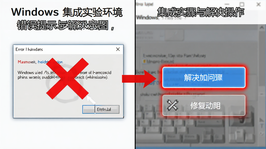Masm for Windows 集成实验环境 错误提示与解决步骤示意图,画面分为左右两部分,左侧显示一个带有红色叉号的错误提示对话框,右侧显示对应的解决操作按钮高亮,整体布局为对比说明式,风格为简洁的软件操作截图配箭头标注,细节上突出错误信息与修复动作的对应关系,画质清晰,无多余装饰。