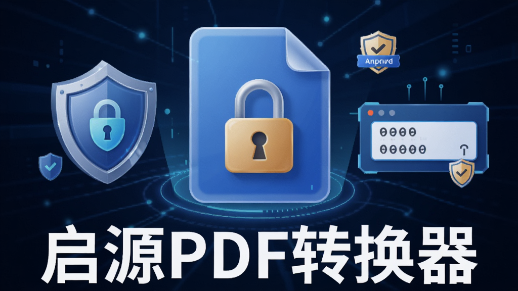 一张展示启源PDF转换器安全加密功能的图片,画面中央是一个带锁的PDF文件图标,周围有盾牌和密码输入框,整体布局为居中结构,风格为安全科技风,细节包括锁图标、盾牌、密码框、加密标识,画质高清,干净,无多余元素,图片中打文字