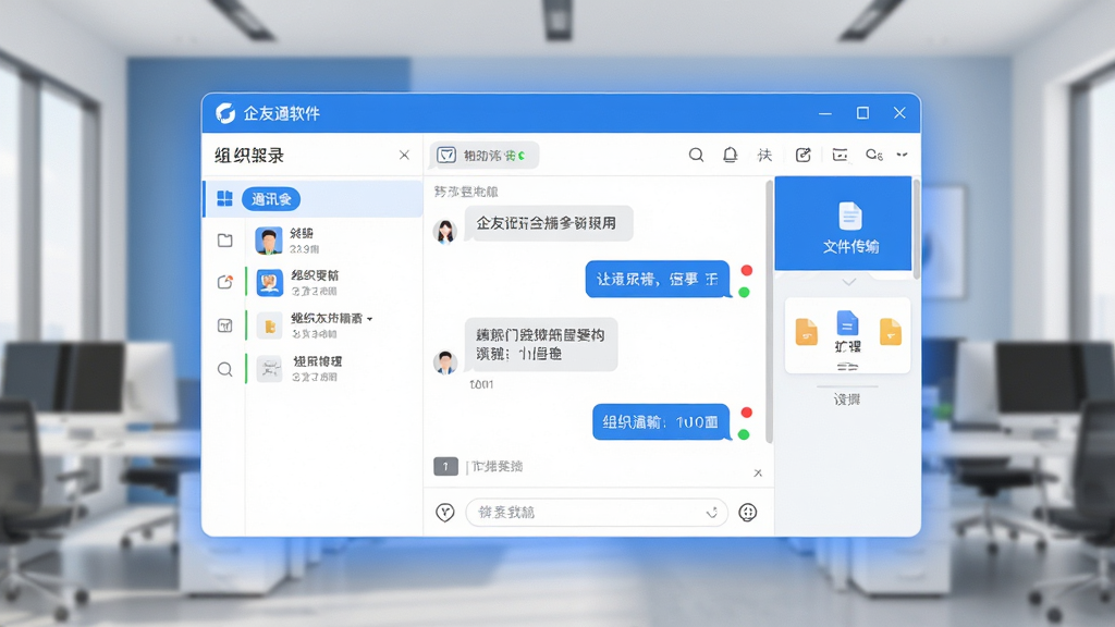 画面中央是企友通软件的主界面悬浮窗口,左侧为组织架构通讯录列表,右侧为聊天对话框与文件传输卡片,背景为现代简约办公室场景,整体采用蓝白清爽配色,界面元素清晰锐利,屏幕边缘有柔和光晕,风格为扁平化科技风,细节包含消息气泡、在线状态圆点、文件图标,画质高清,干净整洁,无多余装饰元素