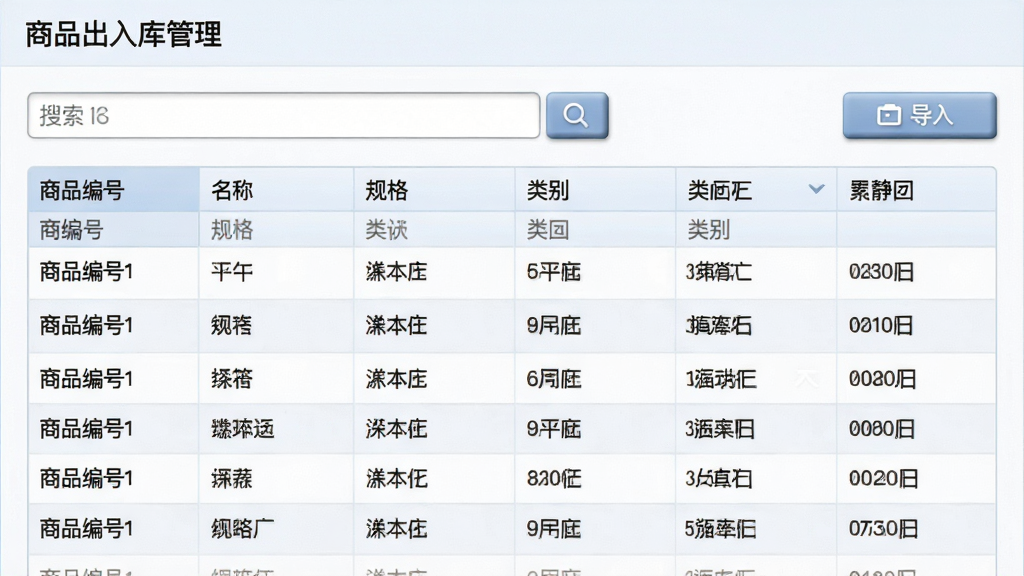 软件“商品出入库管理”的商品信息管理界面,主体为一张商品档案表格,布局包含顶部搜索栏和导入按钮,表格中展示商品编号、名称、规格、类别等列,风格为清爽的浅色商务风,细节上每行数据清晰对齐,按钮带有轻微立体感,画质高清,干净,无多余元素