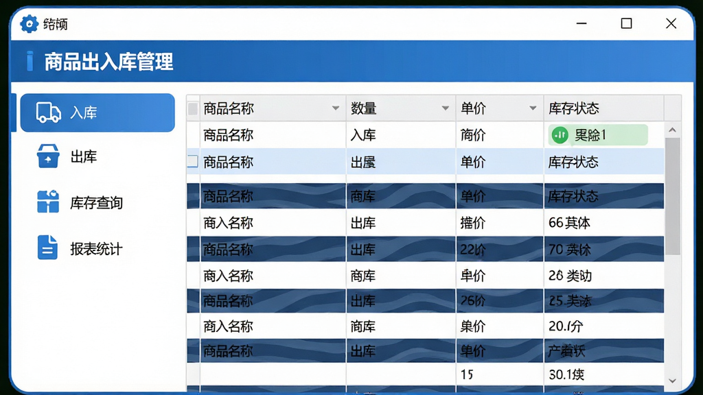 一款名为“商品出入库管理”的PC端软件界面展示,主体为软件主窗口,布局分为左侧功能导航栏和右侧库存数据表格,导航栏包含入库、出库、库存查询、报表统计等图标,右侧表格展示商品名称、数量、单价、库存状态等字段,整体采用蓝白商务配色,风格简洁专业,细节上窗口边缘圆润、图标清晰、数据行有斑马纹区分,画质高清,干净,无多余元素