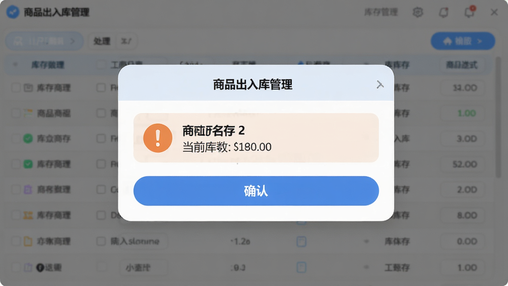 软件“商品出入库管理”的库存预警提示界面,主体为弹窗提醒框,布局在软件主界面中央,背景为库存数据列表,风格为柔和圆角设计,细节上弹窗内用橙色感叹号图标标注预警商品名称和当前库存数,按钮为蓝色确认键,画质高清,干净,无多余元素