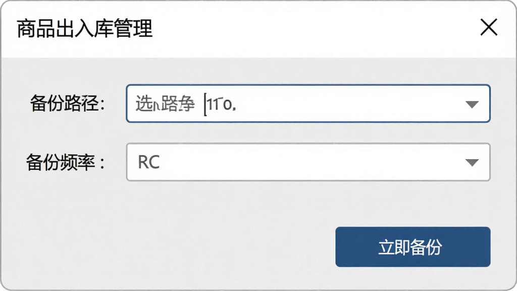 软件“商品出入库管理”的数据备份设置界面,主体为设置窗口,布局包含备份路径选择框、备份频率下拉菜单和立即备份按钮,风格为素雅极简,细节上窗口背景为浅灰色,文字清晰,按钮为深蓝色,画质高清,干净,无多余元素