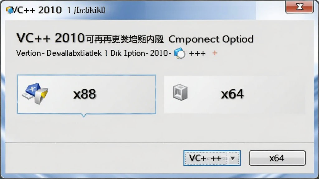 一张展示VC++ 2010可再发行组件包双版本安装选项的界面图,画面中央是安装程序窗口,窗口内有两个选项分别标注“x86”和“x64”,窗口背景为浅灰色,布局简洁,风格为软件安装界面风格,细节包括按钮的立体感、文字清晰,画质高清,干净,无多余元素