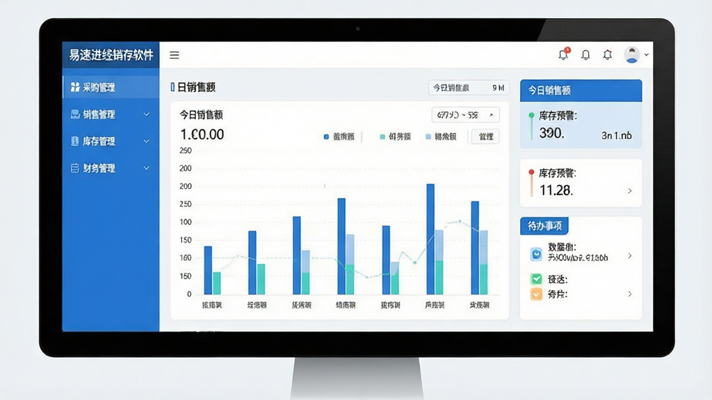一张展示易速进销存软件电脑端主界面的图片,画面中央是软件仪表盘,左侧为功能导航栏包含采购管理、销售管理、库存管理、财务管理等模块,右侧显示今日销售额、库存预警、待办事项等数据卡片,整体布局清晰,风格为现代商务简约风,蓝色与白色为主色调,界面干净整洁,画质高清,无多余元素