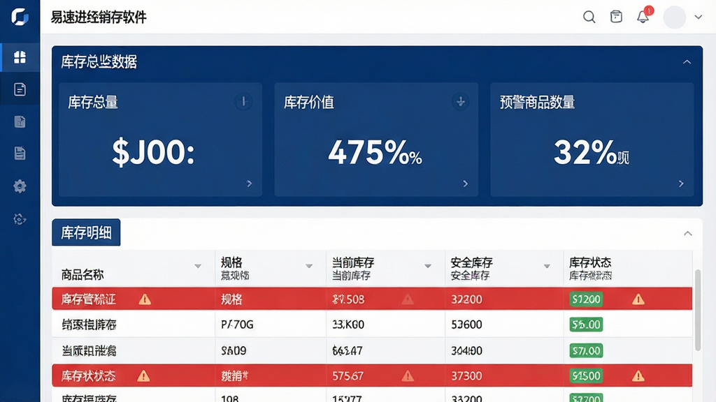 一张展示易速进销存软件库存管理仪表盘的图片,画面中央为库存总览数据,包括库存总量、库存价值、预警商品数量等,下方为库存明细表格,显示商品名称、规格、当前库存、安全库存、库存状态等列,部分行有红色预警标记,界面风格专业商务,以深蓝和白色为主,布局清晰,画质高清,无多余元素