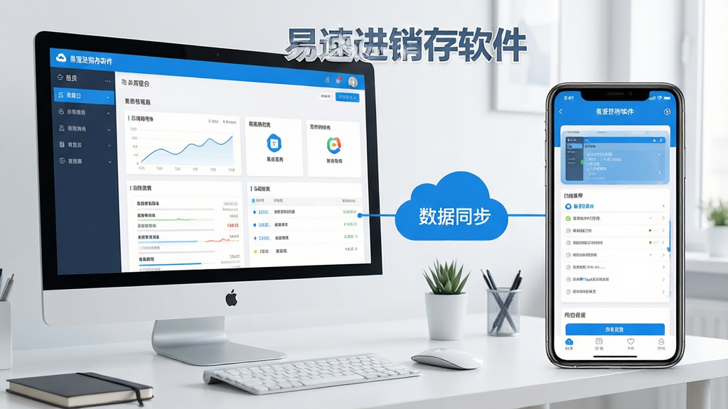 一张展示易速进销存软件移动端和电脑端同步使用的场景图,画面左侧为电脑屏幕显示软件管理后台,右侧为手机屏幕显示移动端界面,两者之间用云朵图标表示数据同步,背景为简洁的办公桌面,风格现代商务,色彩以蓝色和白色为主,布局清晰,画质高清,干净无多余元素,图片中标注文字“易速进销存软件”
