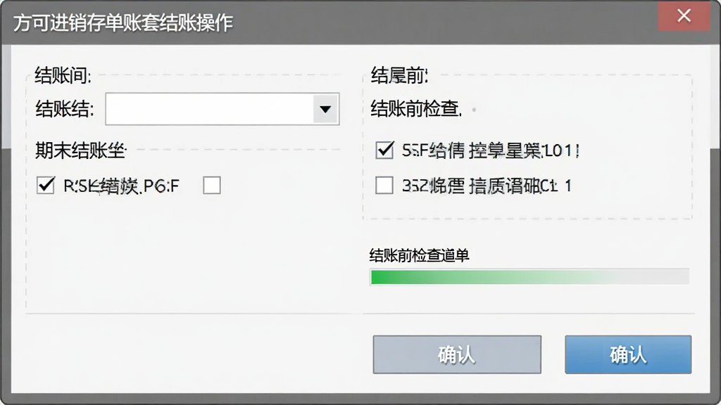 方可进销存单账套结账操作界面,画面展示软件期末结账窗口,包含结账期间选择、结账前检查清单、确认按钮,布局为对话框形式,风格为商务灰白配色,细节包括勾选框、提示文字、进度条,画质清晰干净,无多余元素