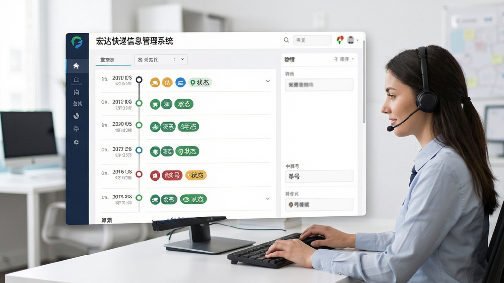 物流轨迹追踪界面图,画面中央是“宏达快递信息管理系统”的物流详情页面,显示多条物流轨迹时间轴和状态标签,背景是简洁的办公环境,有客服人员正在操作电脑,布局上下结构,风格清晰直观,细节包括时间节点、状态图标、单号信息,画质干净,无多余元素