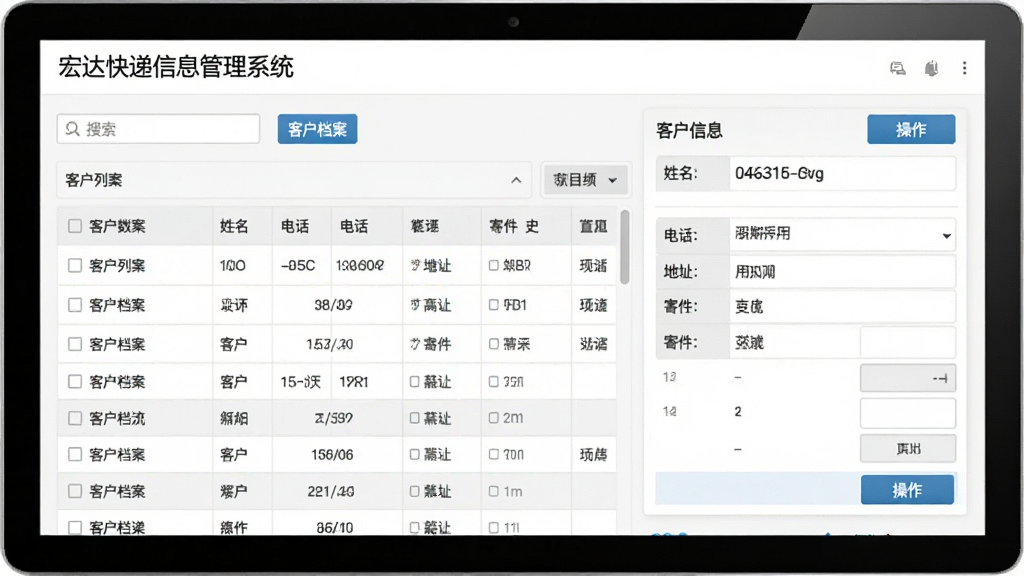 客户信息管理界面图,画面展示“宏达快递信息管理系统”的客户档案页面,左侧是客户列表,右侧是详细信息面板,包含姓名、电话、地址、寄件历史等字段,布局左右分栏,风格商务简洁,细节包括搜索框、数据表格、操作按钮,画质清晰,干净整齐,无多余元素