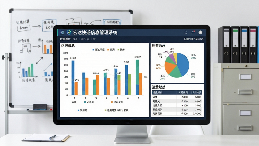 运费结算与统计报表图,画面中央是“宏达快递信息管理系统”的数据看板,显示柱状图、饼图和运费汇总表格,背景是办公室白板与文件柜,布局居中展示,风格商务专业,细节包括图表颜色区分、数据标签、报表日期,画质清晰,无多余元素
