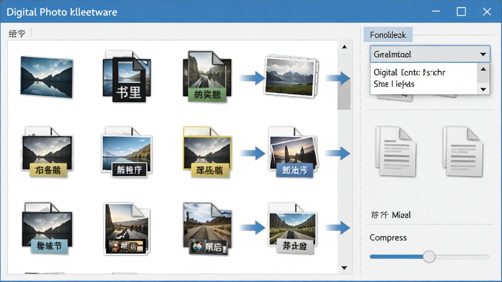 一张展示数码照片批量处理软件格式转换功能的界面图,画面中显示多个不同格式的图片图标,箭头指向转换后的格式图标,软件界面有格式选择下拉菜单和压缩质量滑块。整体风格偏向技术感,色调以蓝白为主,布局规整,画质清晰,无多余装饰。