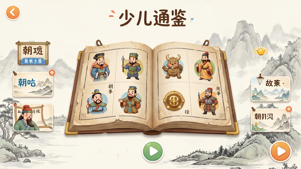 少儿通鉴软件主界面,画面中央展示一本打开的古代史书,书页上浮现出卡通风格的中国历史人物和朝代图标,背景是淡雅的中国风水墨山水,整体布局简洁明快,排版清晰,风格为儿童教育类APP界面设计,细节包含朝代标签、故事卡片、播放按钮等元素,画质高清,干净无多余元素。