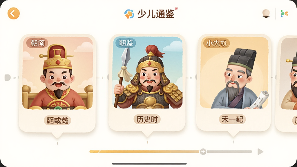 少儿通鉴APP内页,画面展示多个历史故事卡片以时间轴形式排列,卡片上有卡通皇帝、将军、文人等形象,色彩柔和,排版整齐,风格为儿童教育应用界面,细节包含朝代标签和进度条,画质高清,干净无多余元素。
