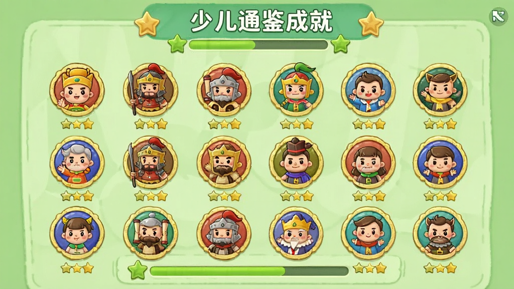 少儿通鉴成就页面,画面展示一面虚拟勋章墙,墙上挂满了各种卡通风格的历史主题徽章,如小皇帝、小将军、小诗人等,背景为淡绿色,布局整齐,风格为儿童教育APP成就展示页,细节包含进度条和星星数量,画质高清,干净无多余元素。