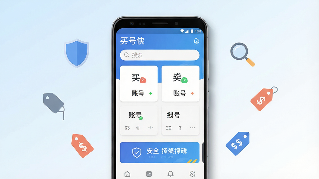 一张展示手机账号交易辅助工具界面的图片,画面中央是一部竖屏安卓手机,屏幕中显示“买号侠”应用主界面,界面包含账号分类卡片、搜索框与安全提示横幅,背景为浅蓝到白色的渐变,周围漂浮着盾牌、放大镜、价格标签等小图标,排版简洁清晰,风格为扁平化科技风,细节上手机边缘有轻微阴影,画质干净无多余元素