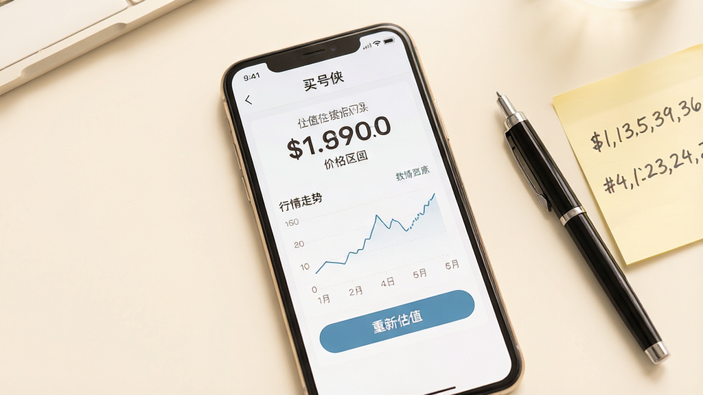 一张展示“买号侠”账号估值功能的图片,画面中央是一部手机,屏幕中显示估值结果页面,包含价格区间数字、行情走势简图与“重新估值”按钮,手机旁边放着一支笔和一张写着数字的便签纸,背景为暖白色桌面,风格为清新浅色,细节上界面文字清晰可辨,画质干净整洁