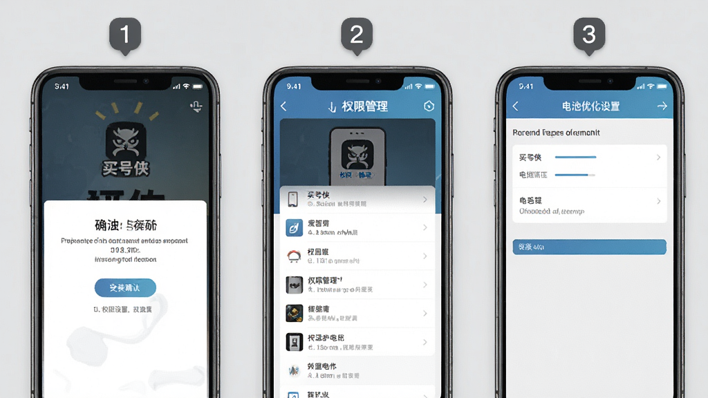 一张展示“买号侠”移动端安装与权限设置步骤的图片,画面为三部手机横向排列,分别显示安装确认页、权限管理页和电池优化设置页,每部手机上方有数字序号标签,背景为浅灰色,风格为素雅极简,细节上界面元素清晰,画质干净无杂乱
