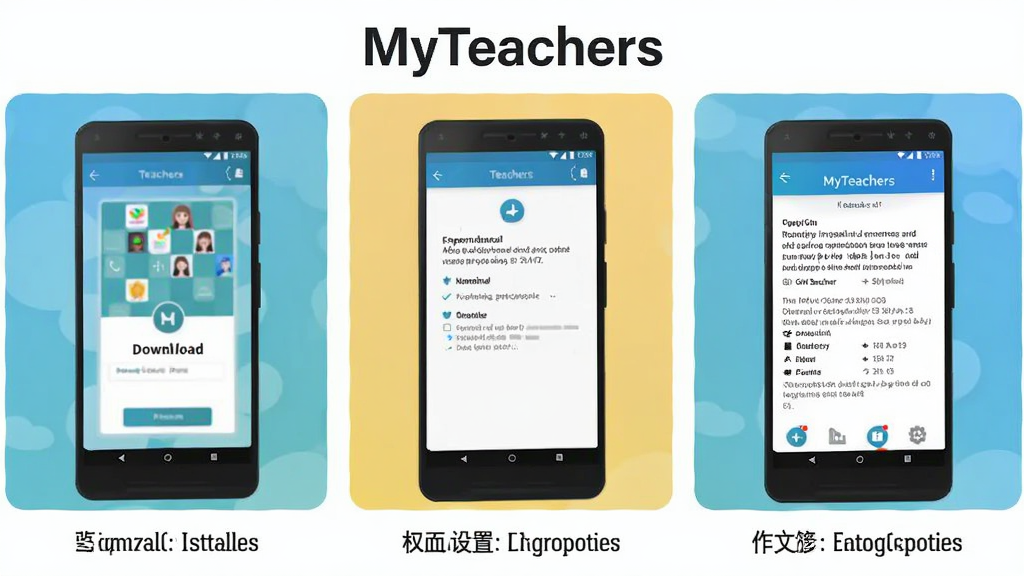 一张展示MyTeachers在安卓手机上安装和使用步骤的示意图,画面分为三个小图,从左到右依次是下载安装、权限设置、作文批改界面,每个小图下方有简短文字标注,整体风格简洁明快,配色清爽,顶部有