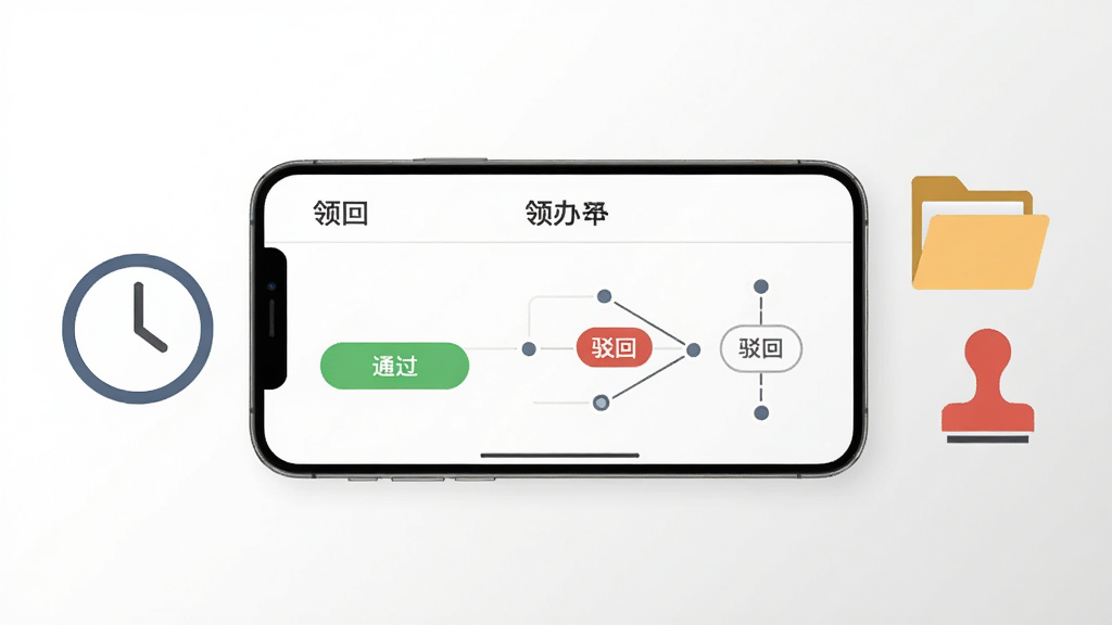 画面中央一部手机横屏展示“领办”审批界面,界面中有通过、驳回按钮和流程节点图;左侧有抽象时钟图标,右侧有文件夹与印章图标;背景为干净的白色到浅灰渐变,风格简约商务,排版整齐,画质清晰,无多余元素