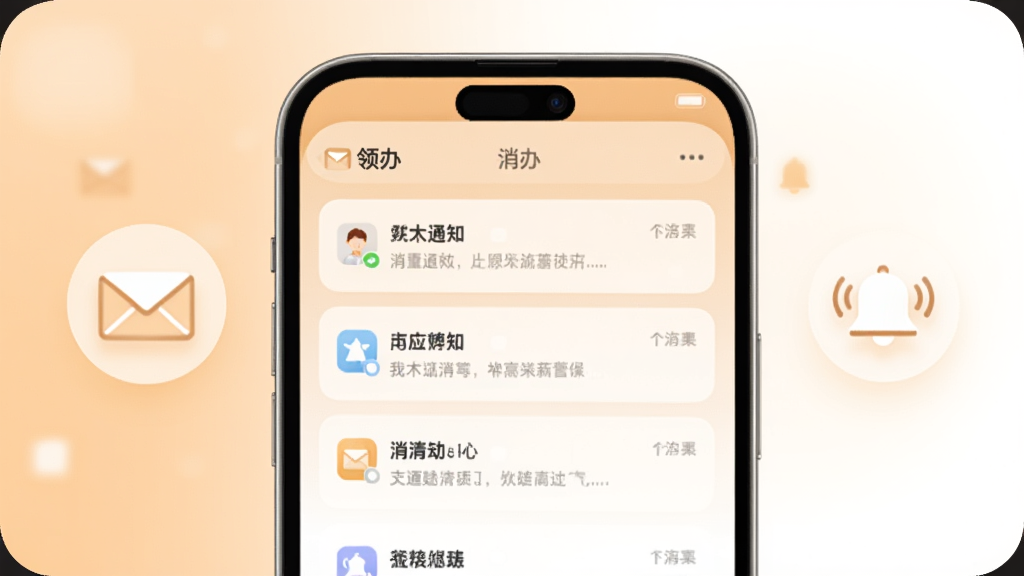 画面中央为“领办”消息通知界面,手机屏幕显示多条通知卡片;背景为浅橙色到白色渐变,左侧有信封图标,右侧有铃铛图标;整体风格柔和圆角,排版居中,画质清晰,无多余元素