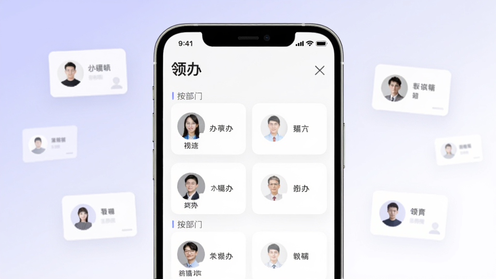 画面中央展示“领办”通讯录界面,按部门分组显示人员头像与姓名;背景为浅紫色到白色渐变,周围漂浮联系人卡片图标;整体风格素雅极简,排版规整,画质干净,无多余元素