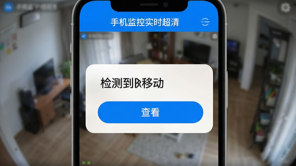 手机监控实时超清软件告警推送界面生图,手机屏幕弹出通知卡片,卡片上写有