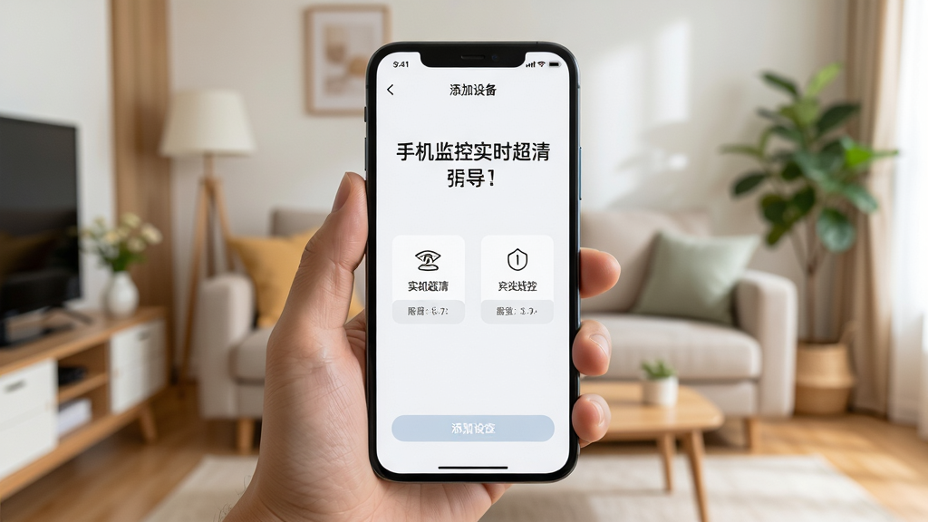 手机监控实时超清新手操作指引生图,画面为一只手拿着手机,手机屏幕上显示添加设备引导页面,页面有