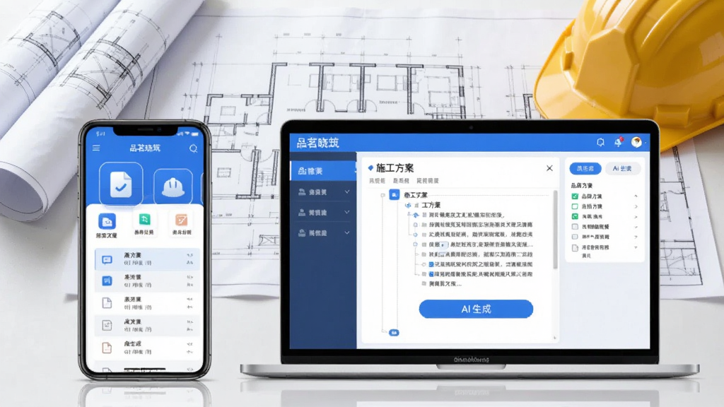 画面中央展示一部智能手机和一台笔记本电脑并排摆放,屏幕中显示品茗晓筑软件的操作界面,界面内有施工方案文档结构和AI生成按钮,背景是简洁的建筑工程蓝图与安全帽元素,整体采用蓝白科技风格,布局为左右分栏,左侧手机右侧电脑,排版干净整齐,细节包括软件图标和文档列表,画质高清干净无多余元素