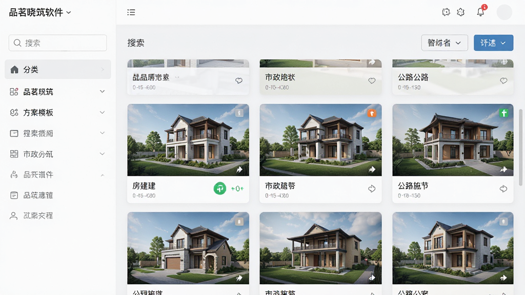 画面展示品茗晓筑软件中的方案模板库界面,左侧为分类导航栏,右侧以网格形式排列各类施工方案模板封面,封面标注有房建、市政、公路等工程类型,背景为浅色极简风格,布局为左窄右宽,排版清晰有序,细节包括搜索框和筛选按钮,画质高清干净无多余元素