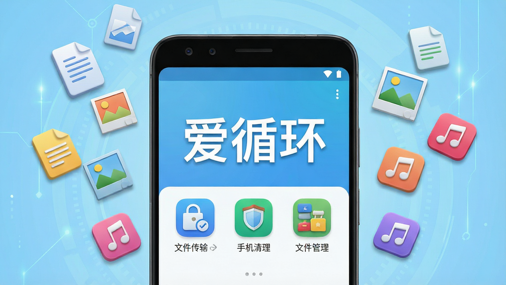 一幅横版软件界面展示图,画面中央是一部安卓手机屏幕,屏幕上显示“爱循环”三个大字的应用主界面,界面中包含文件传输、手机清理、文件管理等图标按钮,手机周围环绕着向上漂浮的文档、照片、音乐等彩色小图标,背景为浅蓝色渐变科技风格,布局简洁大方,排版清晰有序,细节上图标带有轻微立体阴影,画质高清,干净明亮,无多余元素。