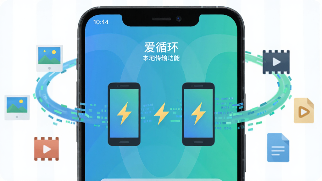 一款手机应用界面的特写展示图,画面主体是一部安卓手机,屏幕上显示“爱循环”的本地传输功能页面,两个手机图标之间有闪电符号和流动的数据线条,周围有照片、视频、文档等文件图标沿着线条移动,布局为居中对称,风格为扁平化科技插画,细节上线条流畅、色彩以蓝绿渐变为主,画质高清,干净整洁,无多余元素。