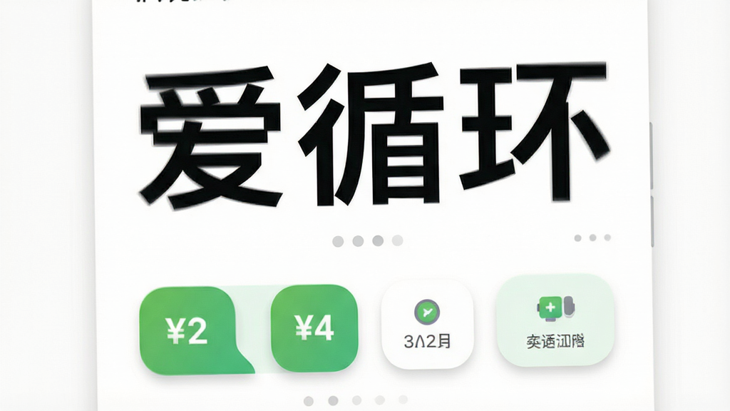 一张手机应用界面的正面展示图,画面中是一部安卓手机,屏幕上显示“爱循环”的简洁主界面,界面采用大字体和大图标设计,主要功能按钮清晰可见,背景为纯白色,布局疏朗开阔,风格为极简扁平化,细节上按钮带有圆角处理和柔和阴影,画质高清,干净清爽,无多余元素。