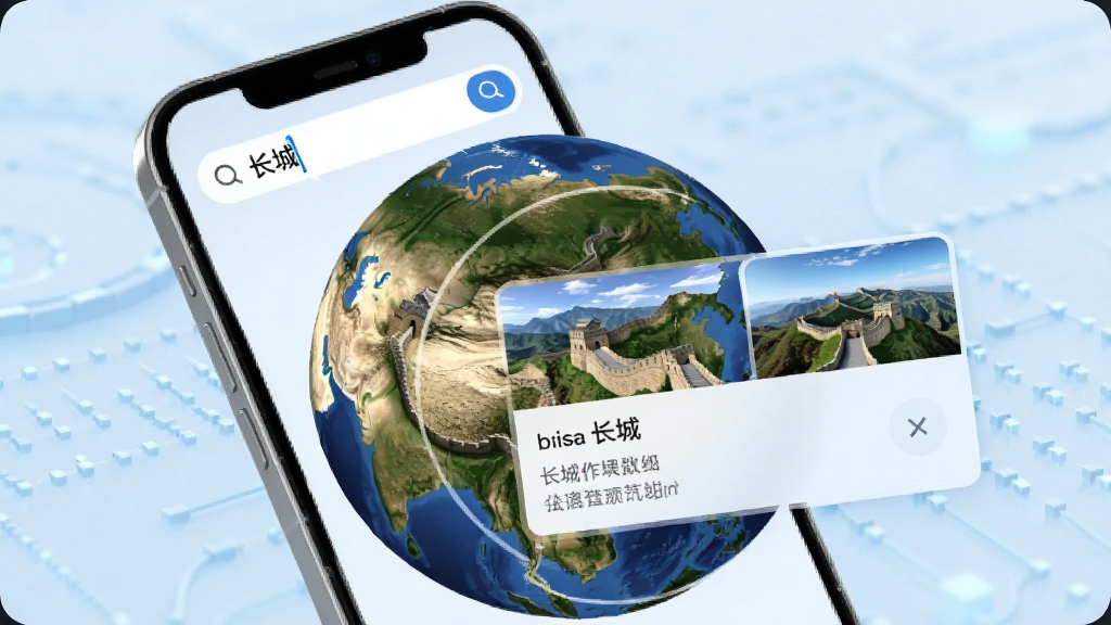 手机界面展示搜索框输入“长城”后,三维地球自动旋转并放大到中国区域,屏幕上弹出长城的信息卡片和全景预览小窗,背景是淡蓝色科技纹理,风格现代简洁,画面清晰,无多余元素。