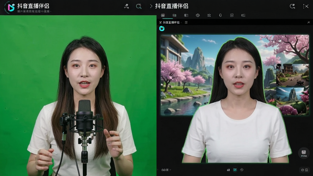 一张展示绿幕抠像效果的图片,主体为一位主播在绿幕前,软件界面中显示着抠像后的虚拟背景效果,布局采用左右对比构图,左侧为绿幕原始画面,右侧为虚拟背景合成画面,风格为专业视频制作风格,细节包括清晰的边缘处理和丰富的背景素材,画质高清,画面干净,无多余元素,画面中带有文字