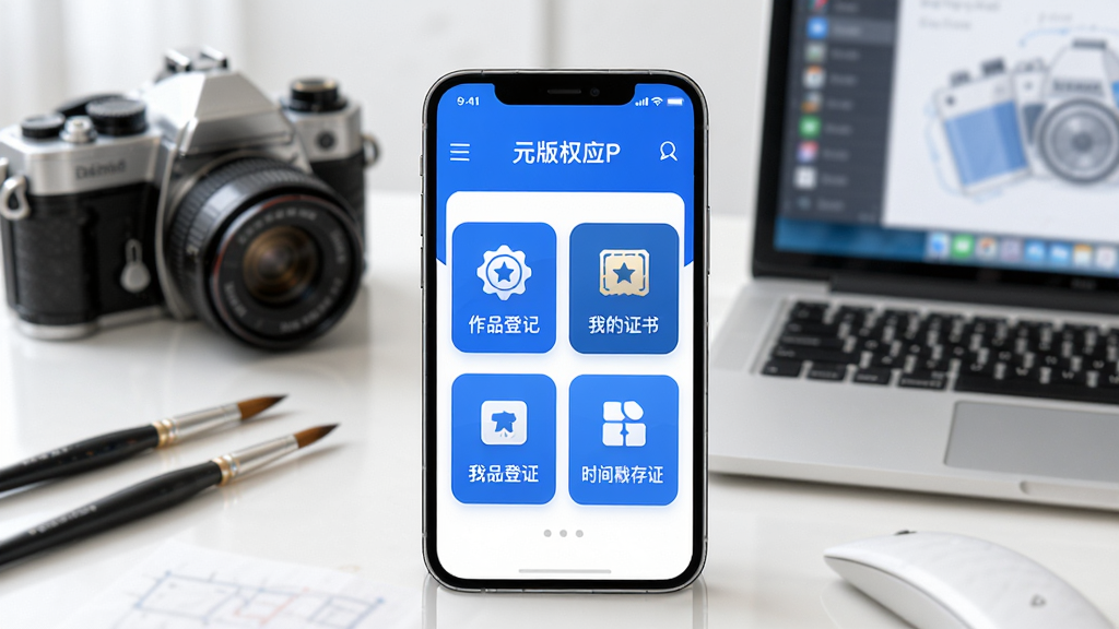 元版权APP主界面展示,画面中央是一部智能手机,屏幕上显示元版权应用首页,包含作品登记、我的证书、时间戳存证等功能模块图标,整体采用蓝色与白色为主色调的简洁设计风格,背景为虚化的创意工作桌面,有相机、画笔、笔记本电脑等元素点缀,画质清晰,干净整洁,无多余元素
