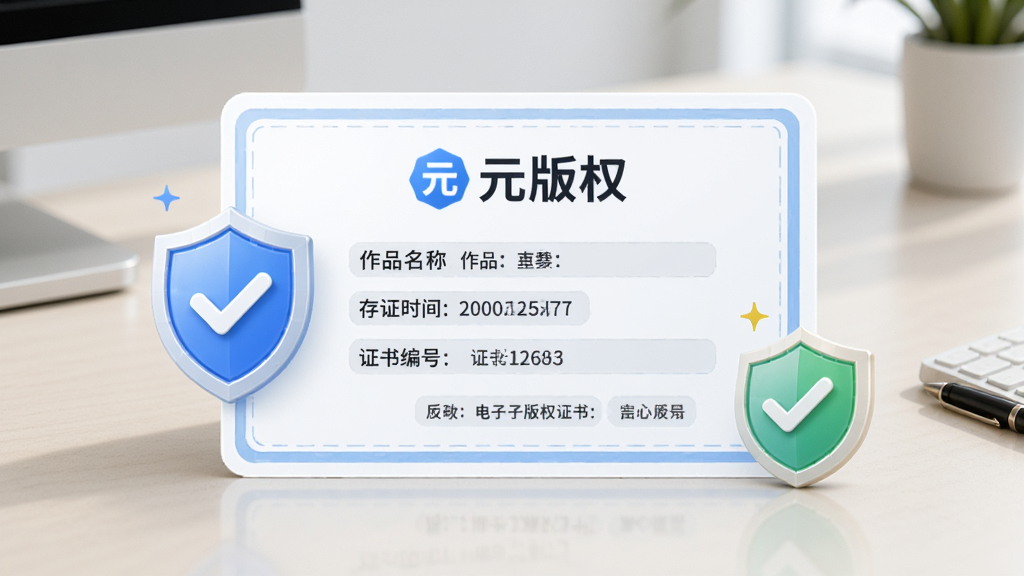 元版权电子版权证书展示图,画面中央展示一张电子证书样式的卡片,证书上有