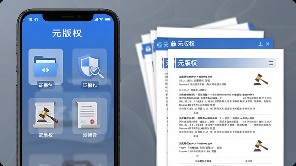 元版权维权证据包导出功能展示图,画面中一部手机屏幕显示证据包导出界面,有文件夹图标、盾牌图标、法律文书图标等元素,手机旁边有打印出来的文件纸张,整体风格专业商务,蓝色与灰色为主色调,画面中有