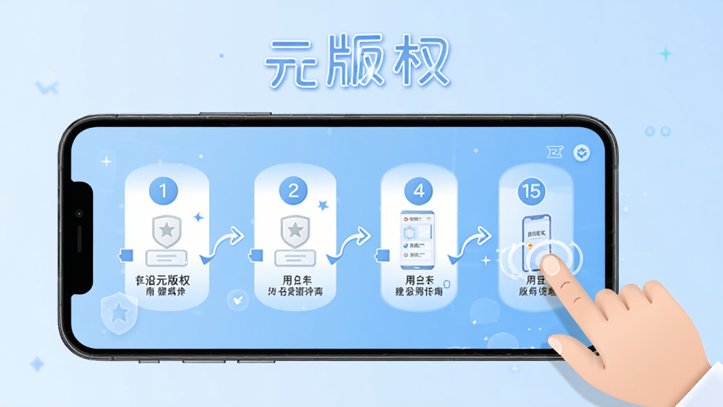 元版权使用指南示意图,画面中一部手机展示元版权操作步骤界面,有清晰的步骤编号和箭头指引,手机旁边有手指点击屏幕的示意,背景为浅蓝色渐变,整体风格简洁明快,画面中有