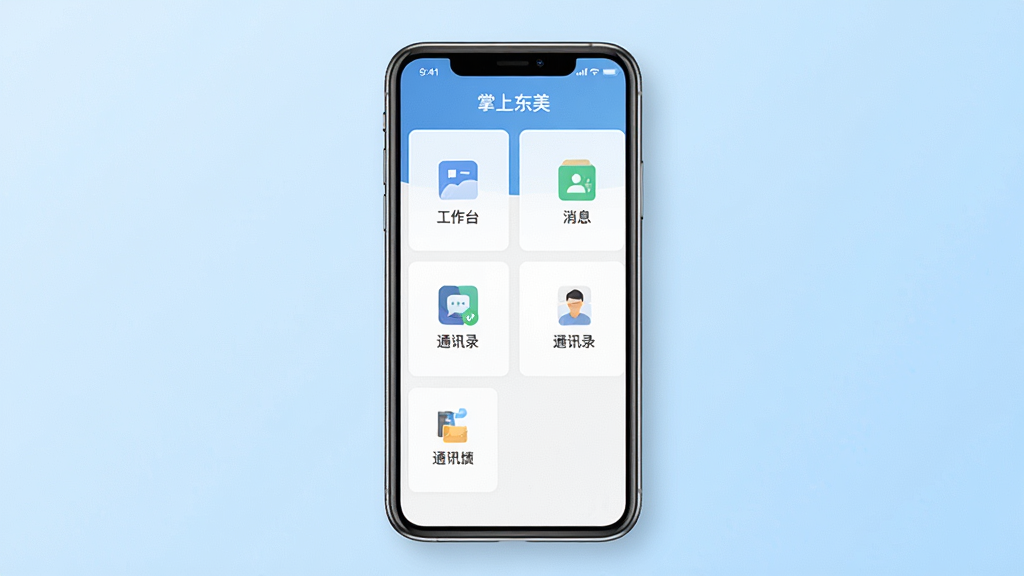 一张展示掌上东美应用主界面的手机样机图,画面中央是一部现代智能手机,屏幕内显示掌上东美应用首页,包含工作台、消息、通讯录等模块图标,布局清晰整洁,背景为浅蓝色渐变,整体风格简洁商务,画质高清,干净无多余元素